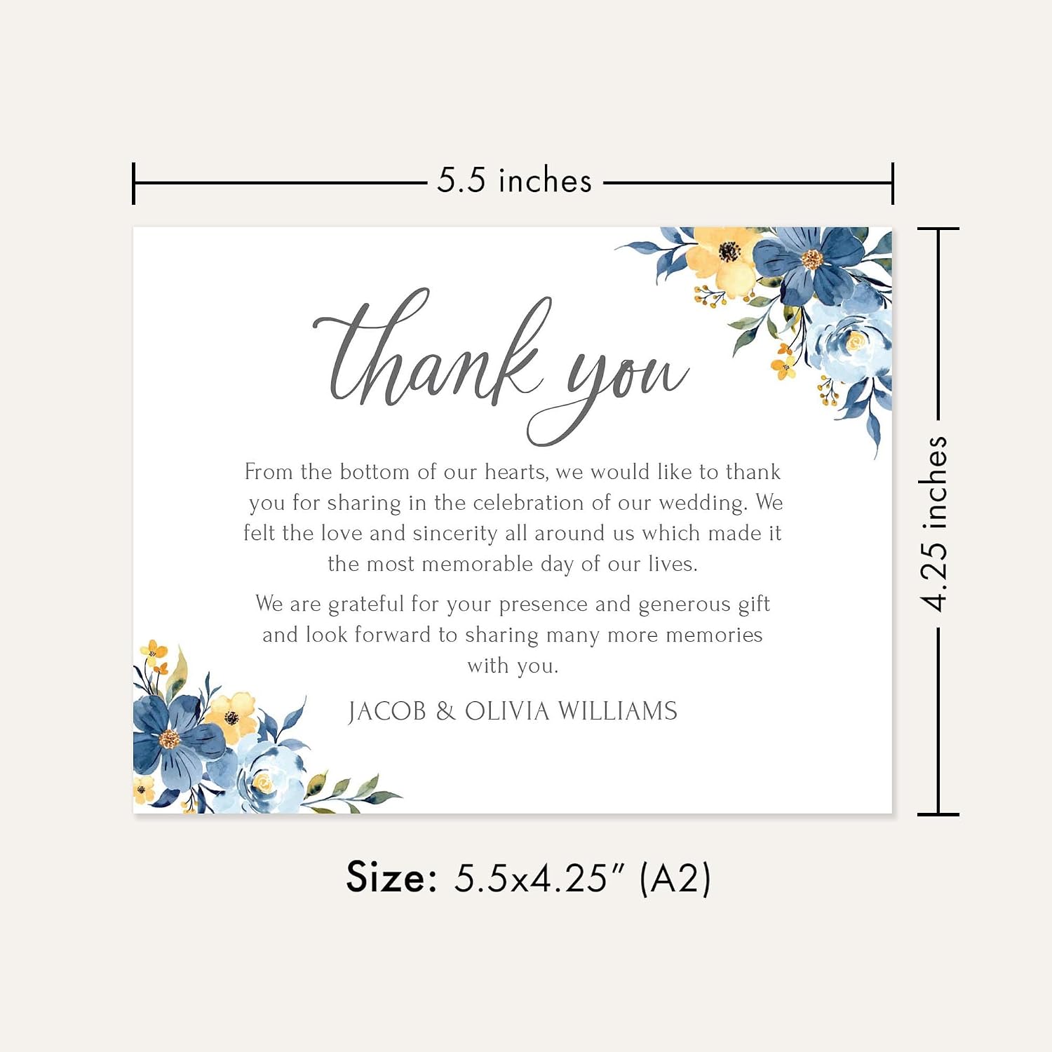 Personalized Wedding Thank You Cards with Envelopes, Flat 4.25 x 5.5 Custom Thank You Notes, Blue Floral Wedding Thank You Cards (Blue Floral)