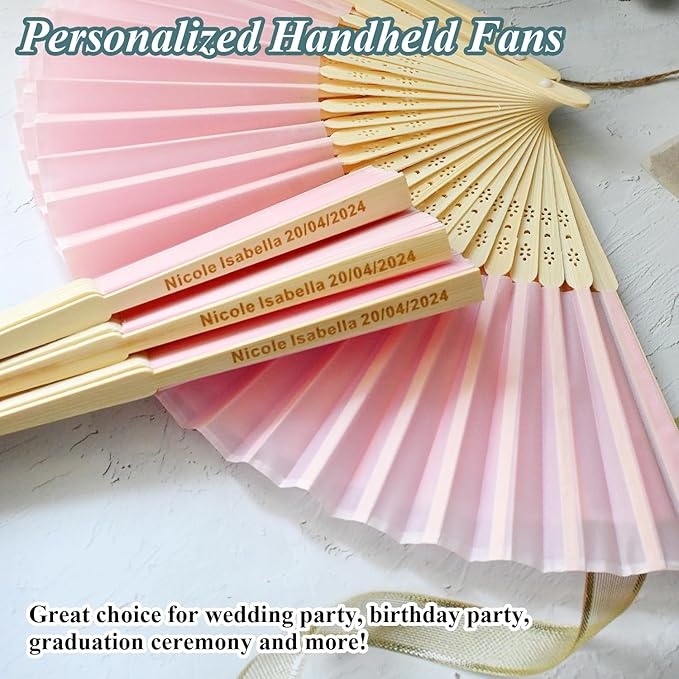 70 Pcs Personalized Pink Wedding Folding Fans for Guests, Custom Engraved Summer Wedding Fans, Folded Hand Fans for Wedding Favors, Vintage Silk Handheld Fans for Bridal Shower Decorations