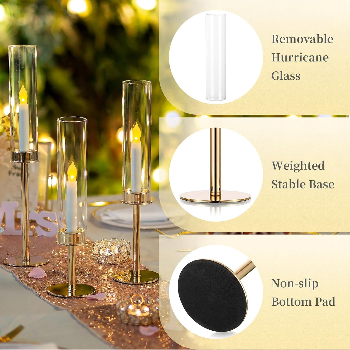 Hewory Gold Candlestick Holders: 6PCS Cylinder Glass Hurricane for Tapers