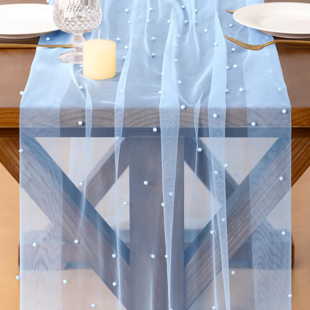 Socomi Pearl Table Runner Tulle Blue Summer Cheesecloth 10FT Gauze Cheese Cloth Sheer Chiffon Dining Wedding Birthday Party Baby Shower Bridal Anniversary Holiday Centerpiece Table Decor