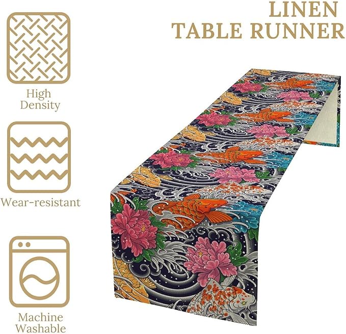 Japanese Retro Flowers Table Runner Oriental Tradition Kio Fish Art Printed Burlap Runner Home Kitchen Dining Table Living Room Decor Fabric 1 Panel W13xL70in