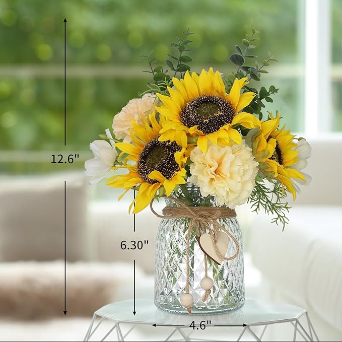 Fake Flowers in Vase,Artificial Sunflower Bouquets in Vase with a Flower Arrangement Holder,Table Centerpieces for Dining Room,Flower Centerpieces for Tables,Faux Flowers for Coffee Table Decor