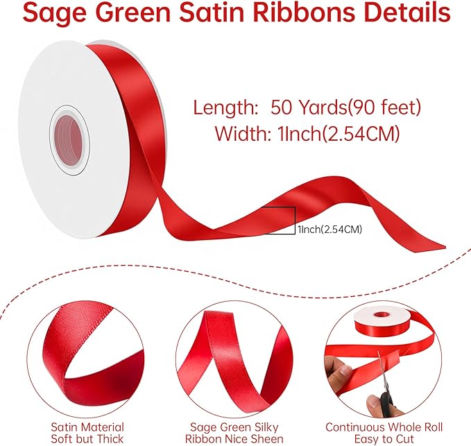 Red Satin Ribbon 1 Inch Wide x 50 Yards, Double Sided Polyester Ribbon for Christmas Crafts, Gift Wrapping, Valentine’s Day Decorations, Party and DIY Projects