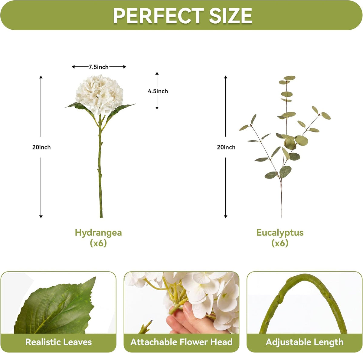 pinkpum 6 pcs white hydrangea artificial flowers with, side view