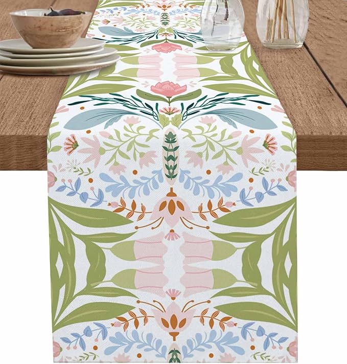 Green Blue Pink Boho Floral Cotton Linen Table Runner for Dining Kitchen, Wedding Outdoor Party Tablerunners Decoration, Retro Bohemian Botanical Dresser Scarf Coffee Tablecloth Runners 13x48 Inches