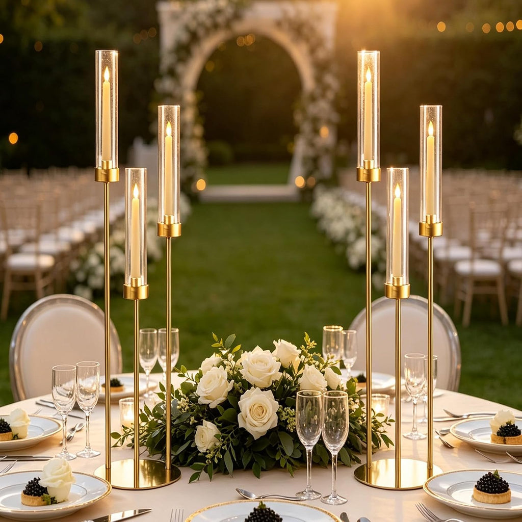 2pcs Gold Candelabra for Table Centerpieces, 33.8'' Tall 3 Arm Candle Holder with Acrylic Lampshade for Wedding Tables, Party, Events, Christmas & Halloween Home Decor, Fit LED Taper Candles