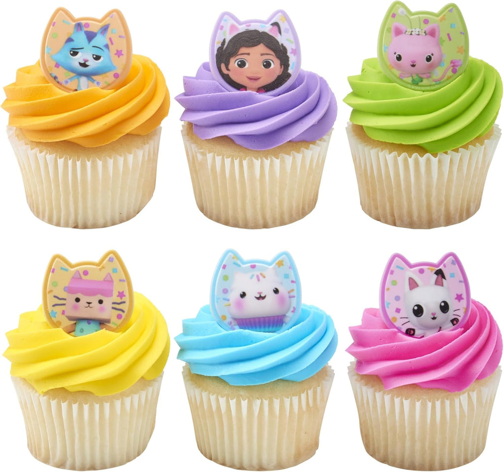 DecoPac DreamWorks Gabby's Dollhouse Rings, 24 Cupcake Decorations Featuring Gabby, Pandy Paws, Irresistible Kitty Characters, and Super Fun Adventures! - 24 Pack