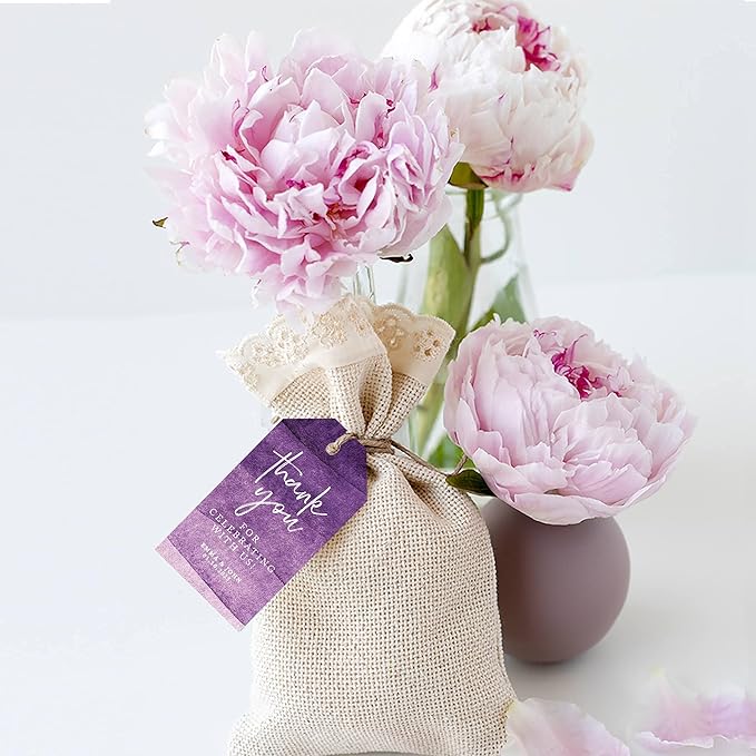 Andaz Press 100-Pack Personalized Thank You for Celebrating with Us Wedding Favor Tags with Bakers Twine Purple Ombre Watercolor Custom Cardstock Wedding Gift Tags for Party Favors 2 x 3.75-Inches