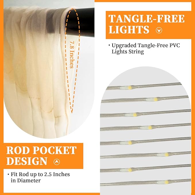 10x10ft Champagne Tulle Backdrop Curtain with String Lights, Wrinkle-Free Sheer Wedding Backdrop for Birthday Parties, Baby Shower, Bridal Shower, Photo Shoots and Home Decorations, Champagne
