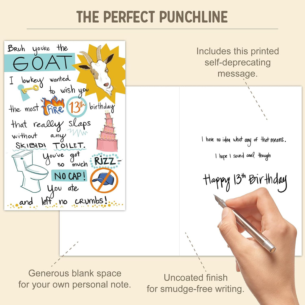 Gooji Funny 13 Birthday Card For Teenage Boy & Teen Girl - Humorous Gen-Z Slang Gift To Grandson, Daughter, Nephew, Niece - Premium 5x7 Slaps With Blue Envelope