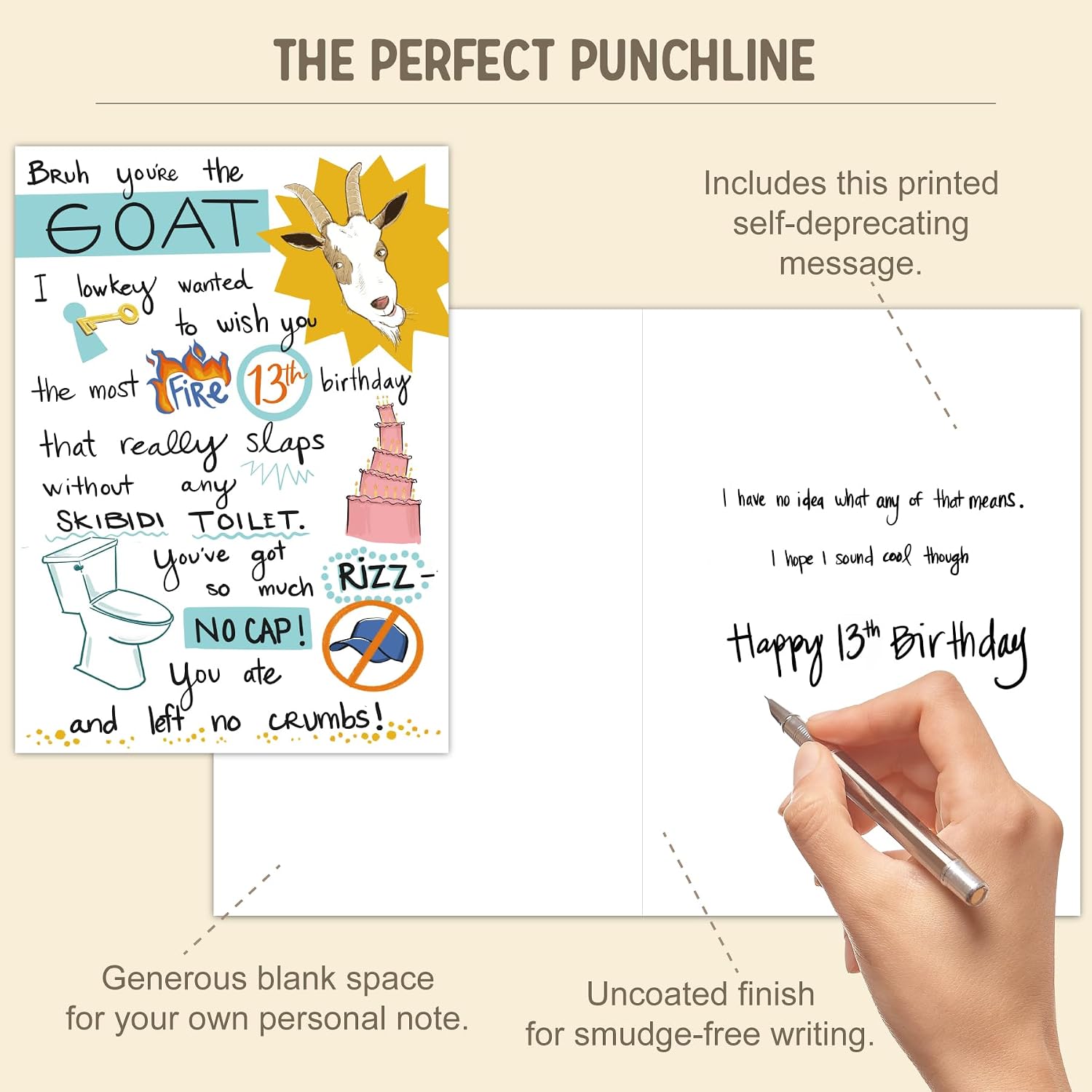 Gooji Funny 13 Birthday Card For Teenage Boy & Teen Girl - Humorous Gen-Z Slang Gift To Grandson, Daughter, Nephew, Niece - Premium 5x7 Slaps With Blue Envelope