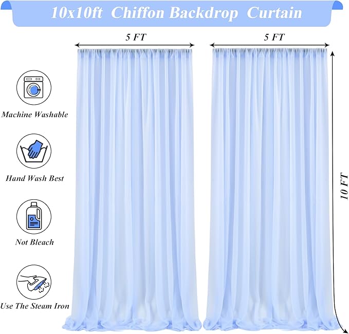 10x10ft Light Blue Chiffon Backdrop Curtain with Lights for Baby Shower Birthday Party, Sky Blue Curtain Backdrop with Lights for Wedding Parties Photo Shoot (5 x 10ft,2 Panels)