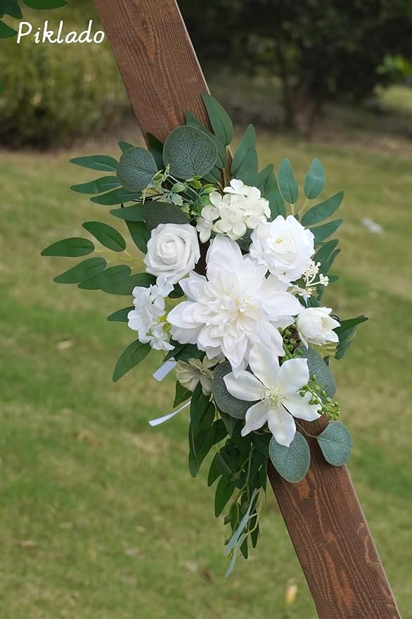 Faux Flower Swag Set of 2 for Wedding Welcome Signs Floral Swag Wedding Reception Ceremony Signs Decor (White & Green)