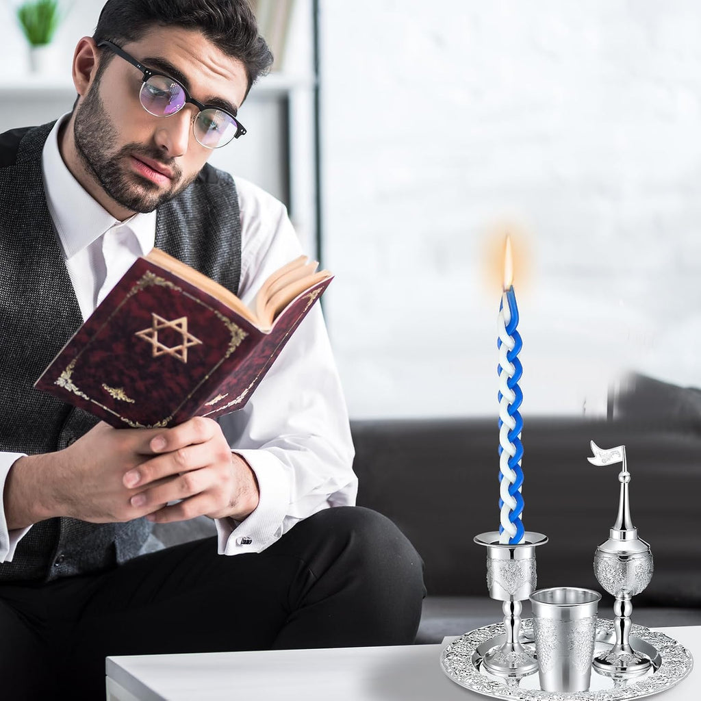 Mumufy 9 Pcs Shabbat Havdalah Set Include Havdualah Candle Holder Kiddush Cup Spice Box Goblet Silver Plate with 5 Pcs Havdalah Candle for Shabbat Judaica Decoration
