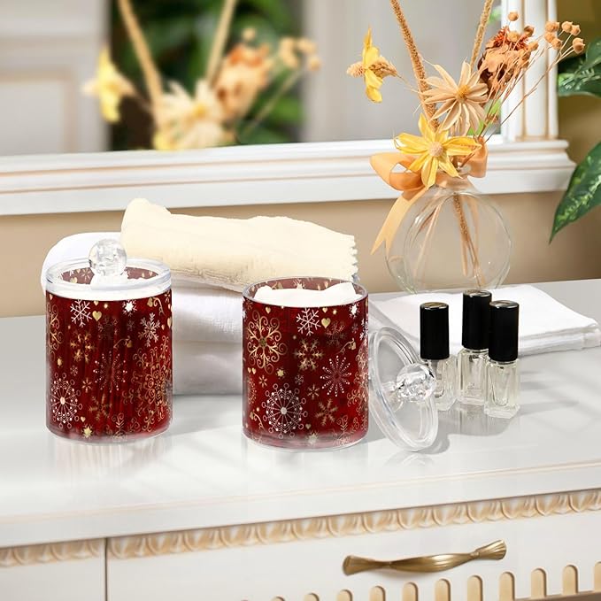 Gredecor Christmas Winter Qtip Holder Dispenser 2 Pack Gold and White Snowflakes Apothecary Jars with Lids Bathroom Vanity Countertop Canister Storage Organizer for Cotton Ball,Swabs,Pads,Floss
