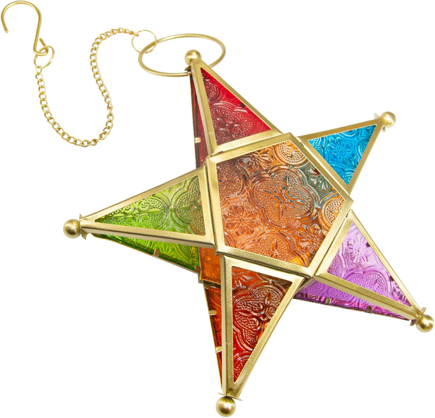 Modern Morocco Metal Art Candle Holders, Star Colorful Glass Christmas Holiday Home Wall Decor Lantern for Mantel Patio Garden with Hanging Loop