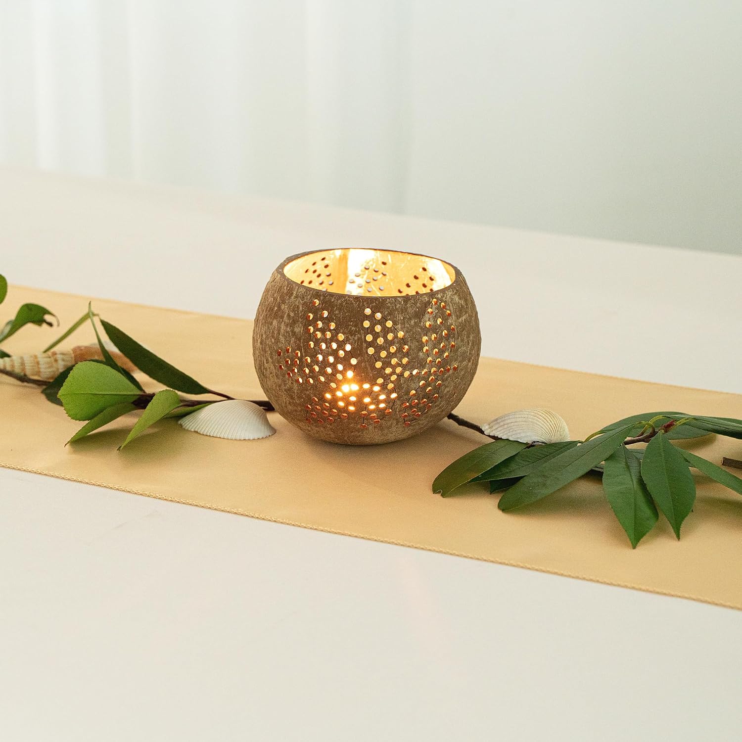 Restaurantware-Coco Casa 4 x 3.3 Inch Coconut Shell Candle Holders, 1 Reusable Tealight Holders - Candle Not Included, Leaf Pattern, Brown Coconut Bowls For Candles, Handcrafted