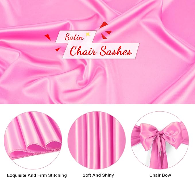 50 PCS Pink Satin Chair Sashes Bows Universal Chair Ribbon Ties Back Sash for Wedding Party Reception Events Banquets Hotel Event Chair Cover Decoration (7x108 inch)