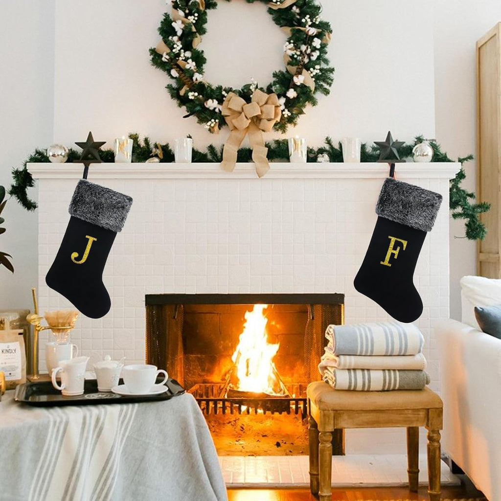 20 Inches Personalized Monogram Christmas Stocking, Deluxe Black Velvet with Faux Fur Trim, Embroidered Initial, Holiday Decor for Fireplace Mantel Gifts Letter E