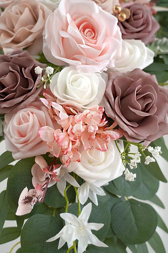 Dusty Rose Artificial Wedding Arch Flowers Kit (Pack of 3) with 26Ft White Shiny Arch Draping Fabric for DIY Wedding Party Ceremony Reception Backdrop Floral Decoration