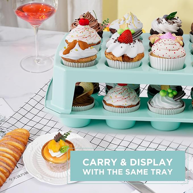 Cupcake Carrier 24 Count, Green Cupcake Holder, Cupcake Container with Lid and Handles, Muffin Traveler Two Tier Stand Reusable Cupcake Box