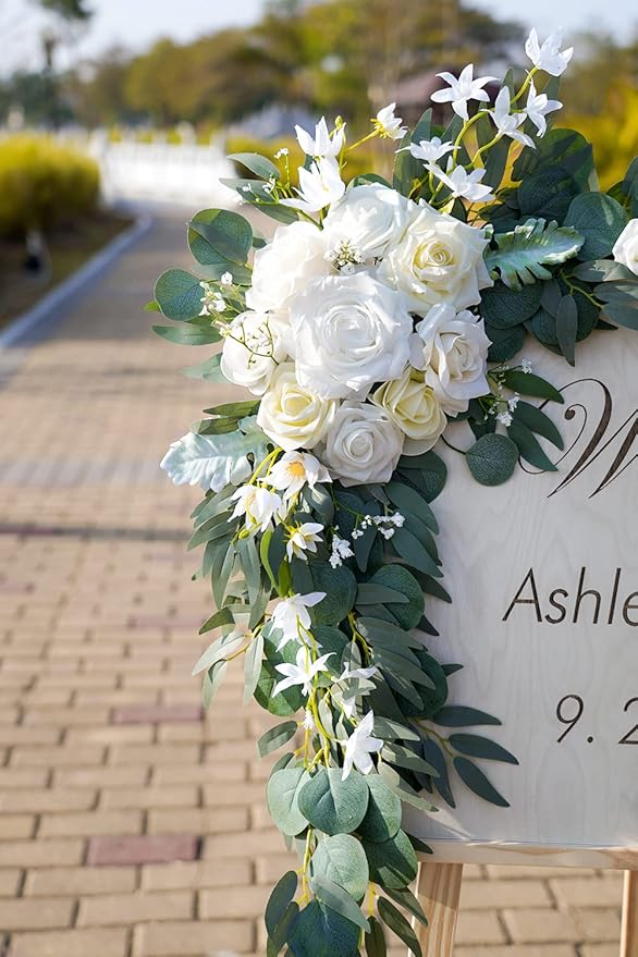 ponatia Wedding Arch Flowers (Pack of 2), Artificial White Wedding Flowers for Wedding Welcome Signs Decorations and Arch Flowers for Wedding Ceremony Reception (White & Ivory)