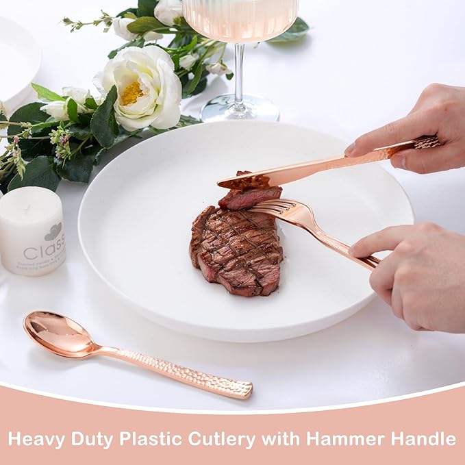 Supernal 180pcs Rose Gold Plastic Silverware Heavy Duty Plastic Forks and Spoons, Rose Gold Disposable Silverware Sets Include 60 Forks, 60 Knives and 60 Spoons Suitable for Wedding, Party, Birthday