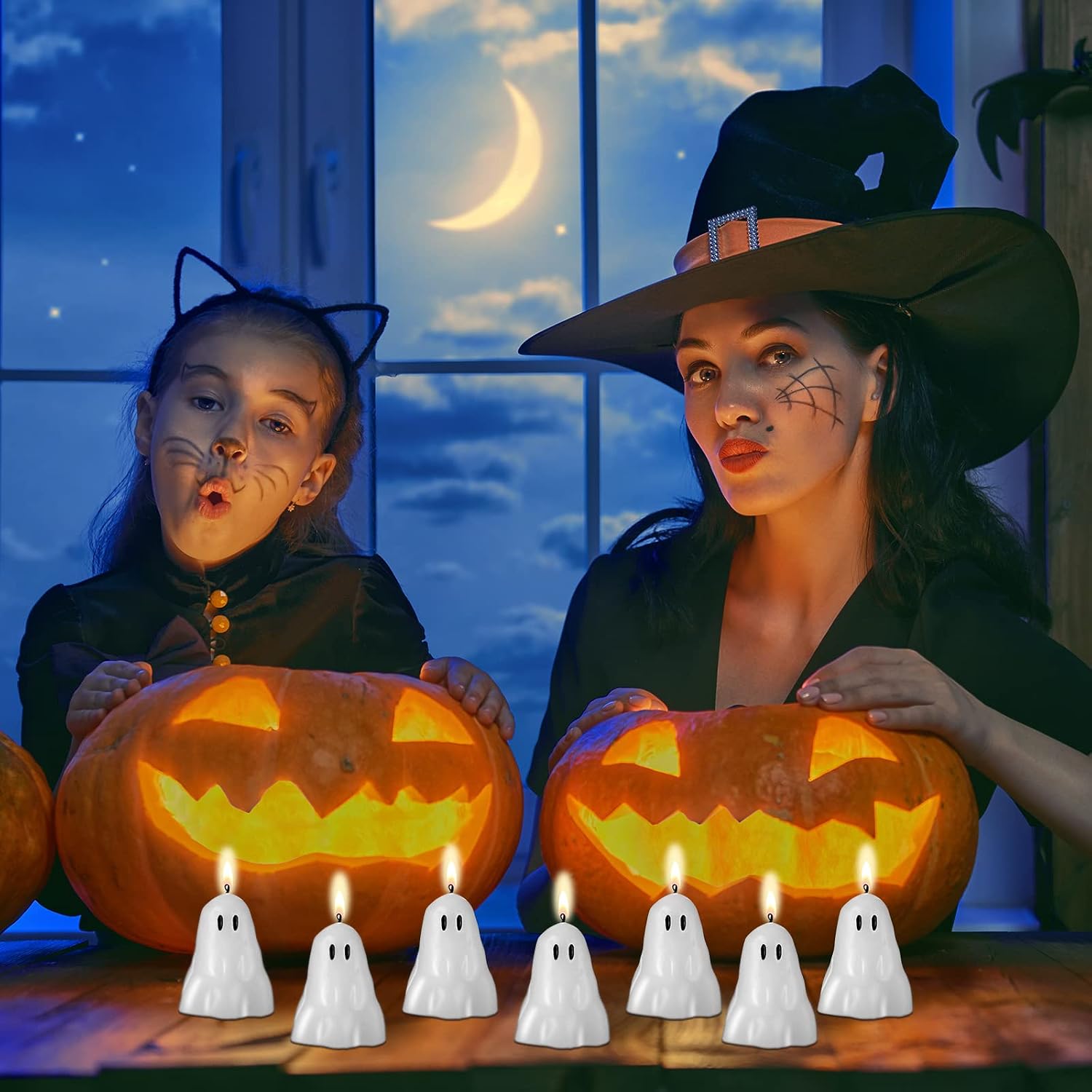 Jutom 10 Pcs Halloween Ghost Candles White Burning Candles Soy Wax for Halloween Home Table Party Decorations(Classic)