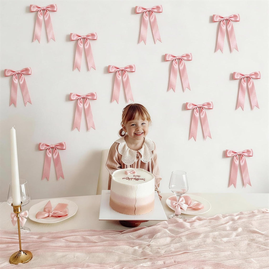 2 Strings Pink Bow Garland Banner Decorations, 16Pcs Pre-Strung Satin Ribbon with 6.7ft Chain for Girl Pink Ribbon Bow Banner Coquette Room Birthday Baby Bridal Shower Wedding Bachelorette Party Decor