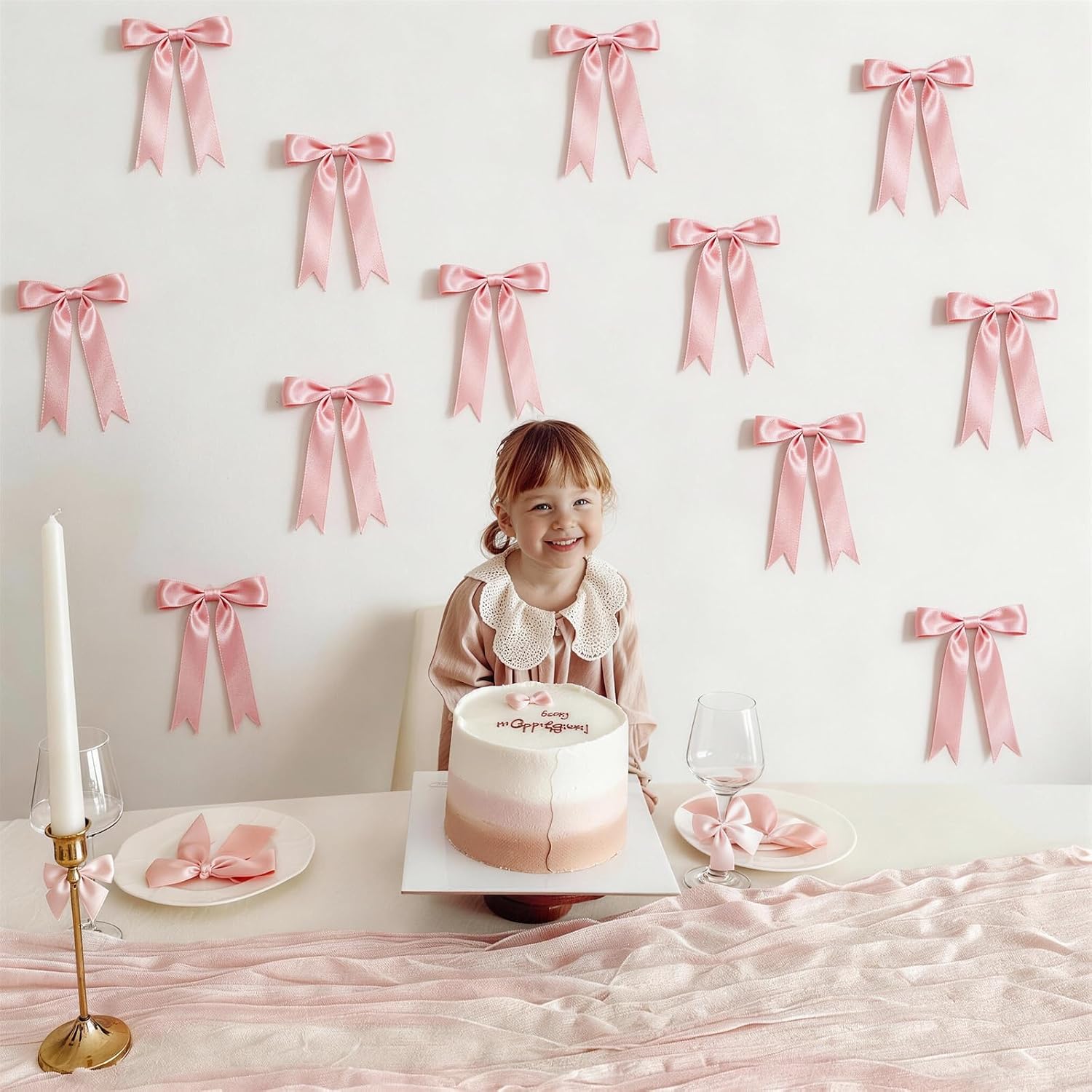 2 Strings Pink Bow Garland Banner Decorations, 16Pcs Pre-Strung Satin Ribbon with 6.7ft Chain for Girl Pink Ribbon Bow Banner Coquette Room Birthday Baby Bridal Shower Wedding Bachelorette Party Decor
