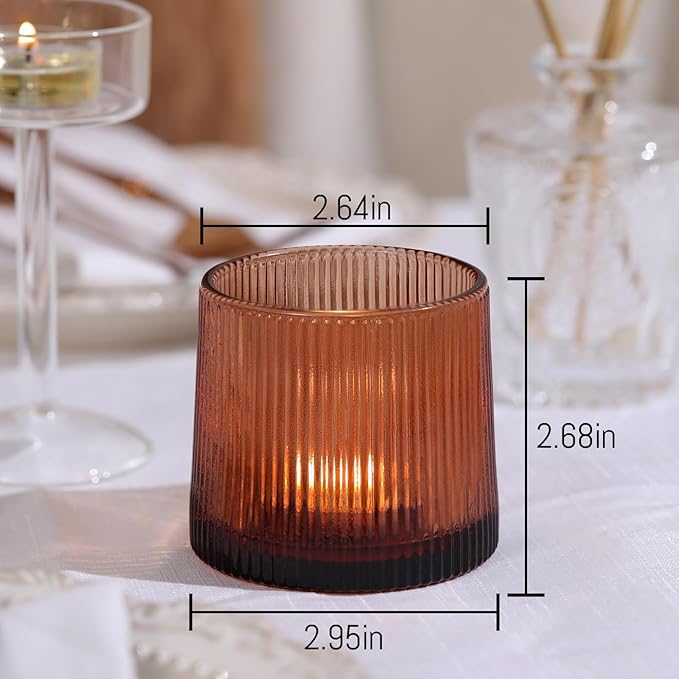 Amber Ribbed Tealight Votive Candle Holders- 6Pack Glass Candle Holders for Table Centerpiece, Home Decor, Wedding Decor, Party Dinner
