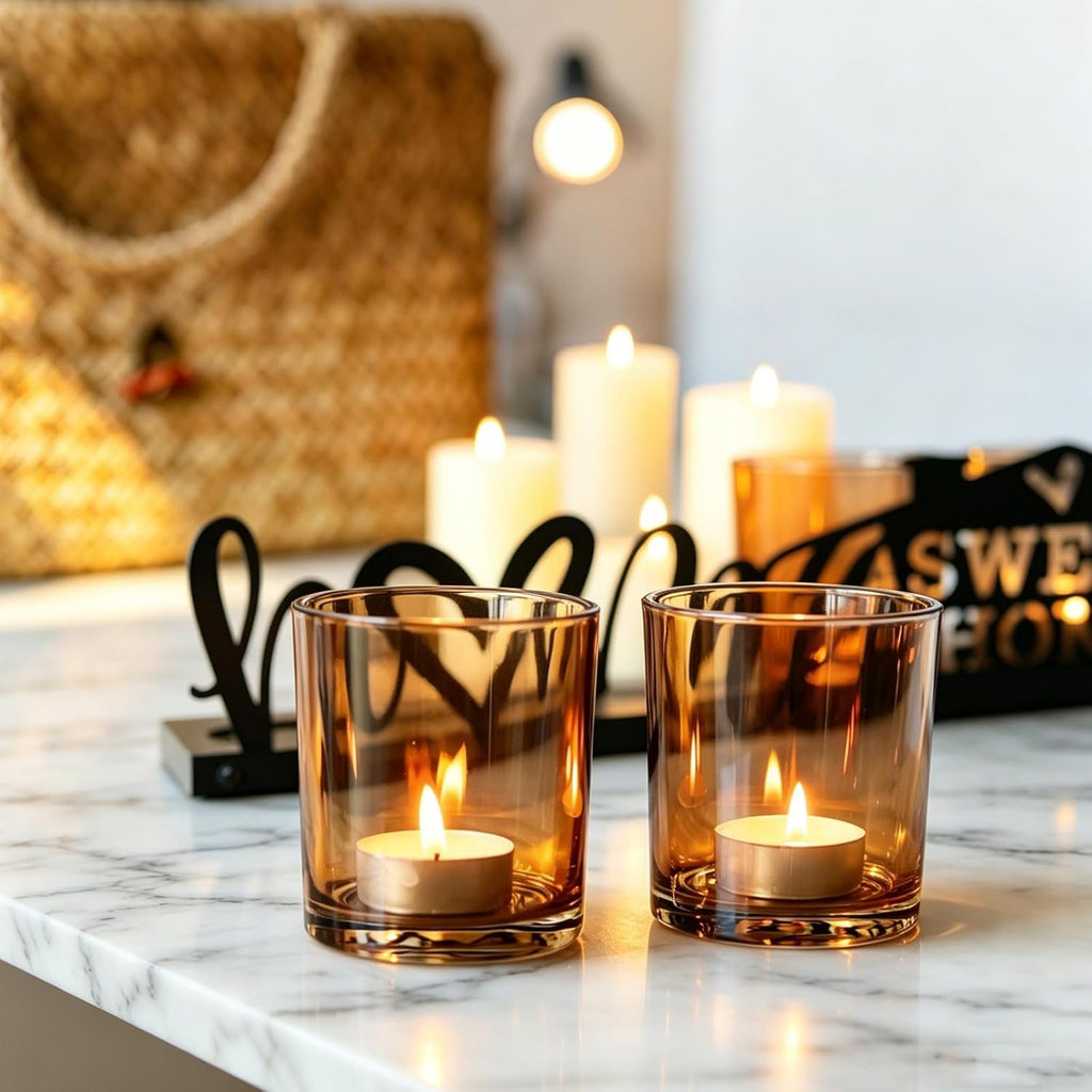 Amber Glass Candle Holder with Farmhouse Wood Tray, Sweet Home Tealight Holder Centerpiece for Dining Table, Rustic Metal Sign Votive Tray for Fireplace Mantel Living Room Decor Housewarming Gift