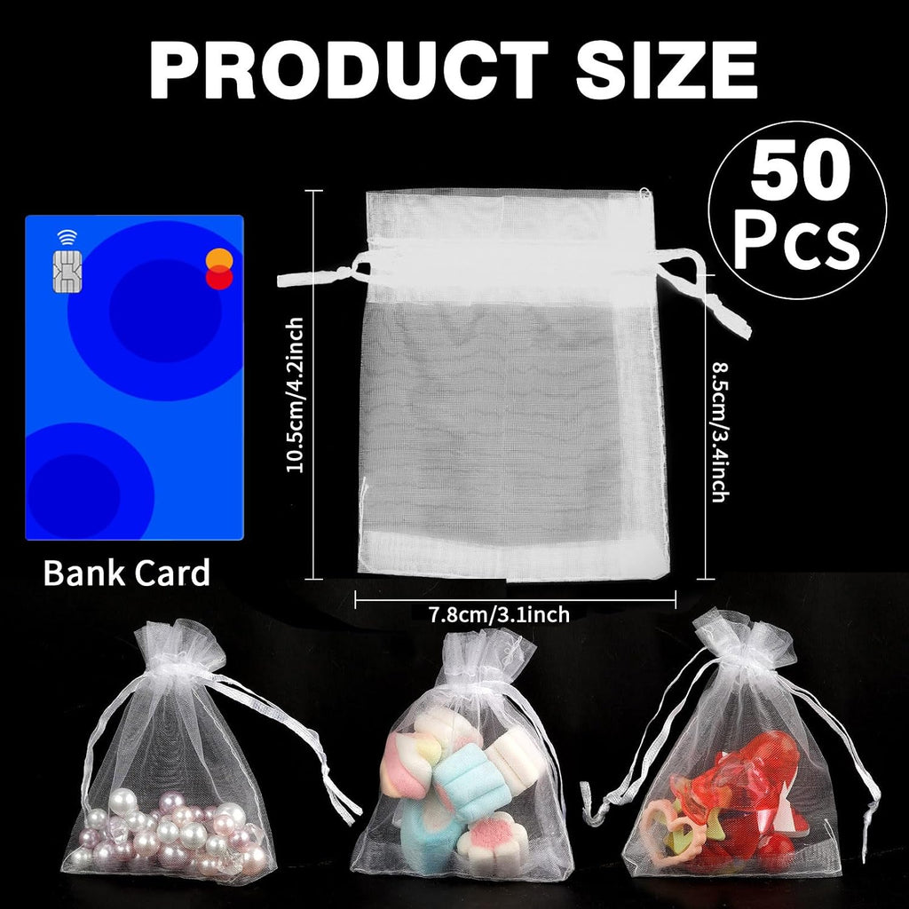 Organza Bags, White Organza Bags, 50Pcs, Sheer Organzas Bag 3 x 4 inch, Jewelry Gift Bags, Party Favor Bags with Drawstring, Mesh Gift Pouches Mini Candy Pouch for Wedding Christmas Party