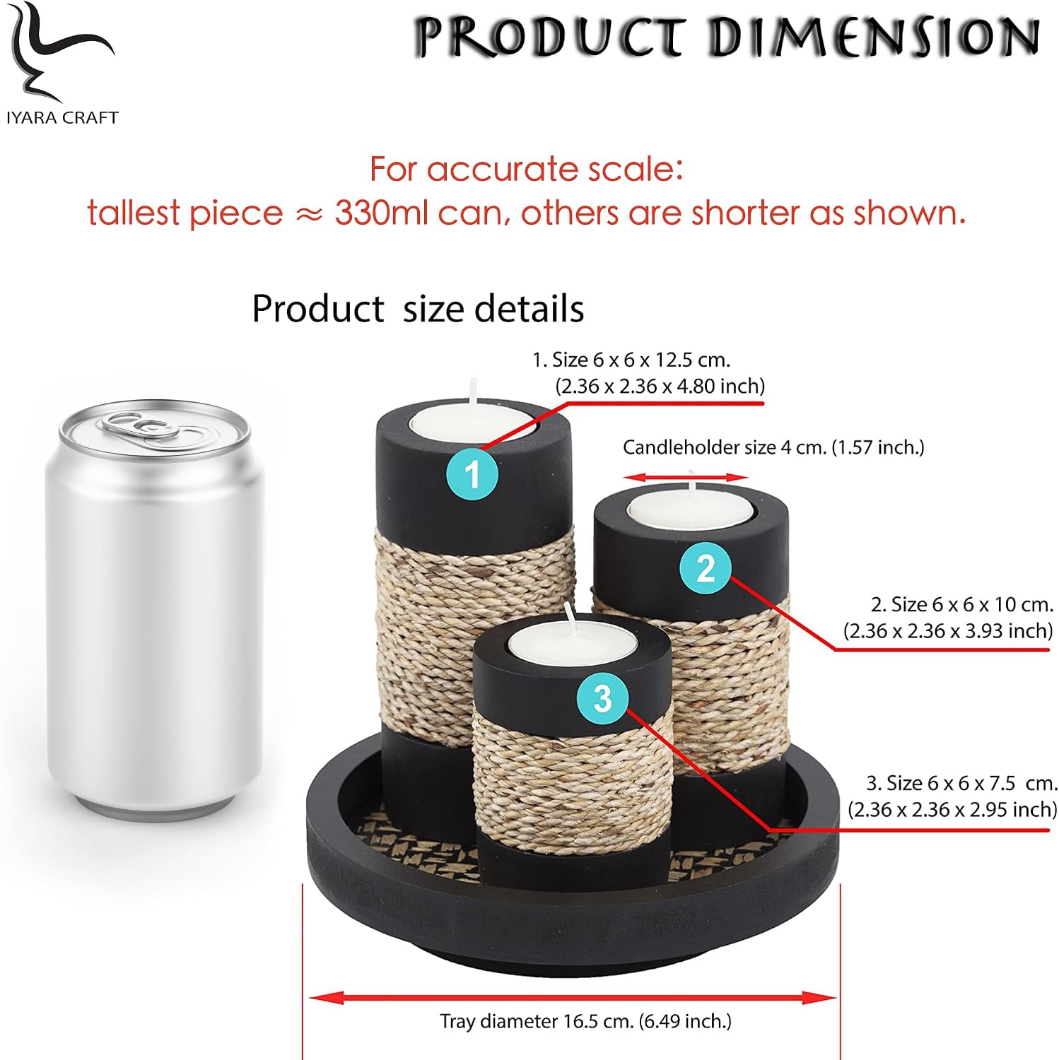 IYARA CRAFT Candleholder Set with Tray, Set of 3 Rustic Black Wooden Tealight Candle Holders with Natural Rope Accent, Coffee Table Centerpiece, Farmhouse Home Decor, Housewarming