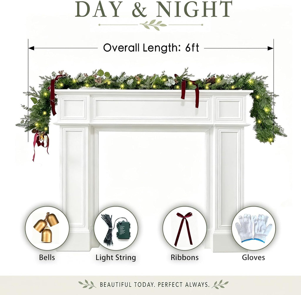 wanna-cul 6ft christmas garland with lights burgundy ribbon, side view