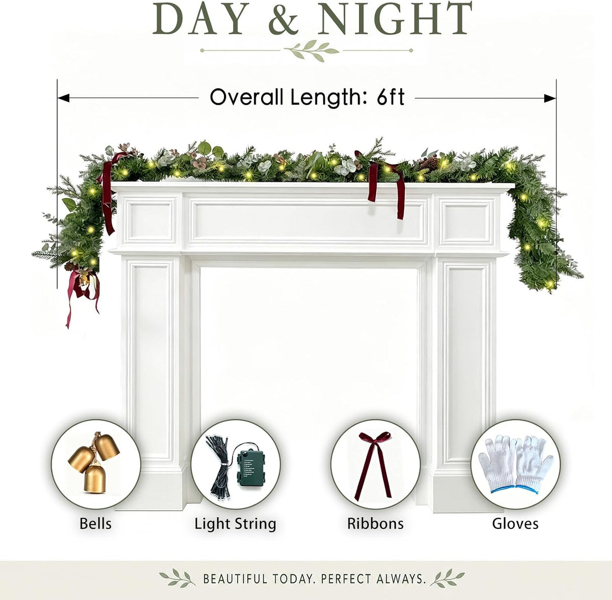wanna-cul 6ft christmas garland with lights burgundy ribbon, side view