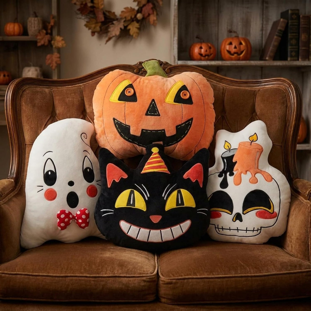 4Pcs Halloween Pillows Skeleton Ghost Black Cat Vintage Retro Traditional 90S...