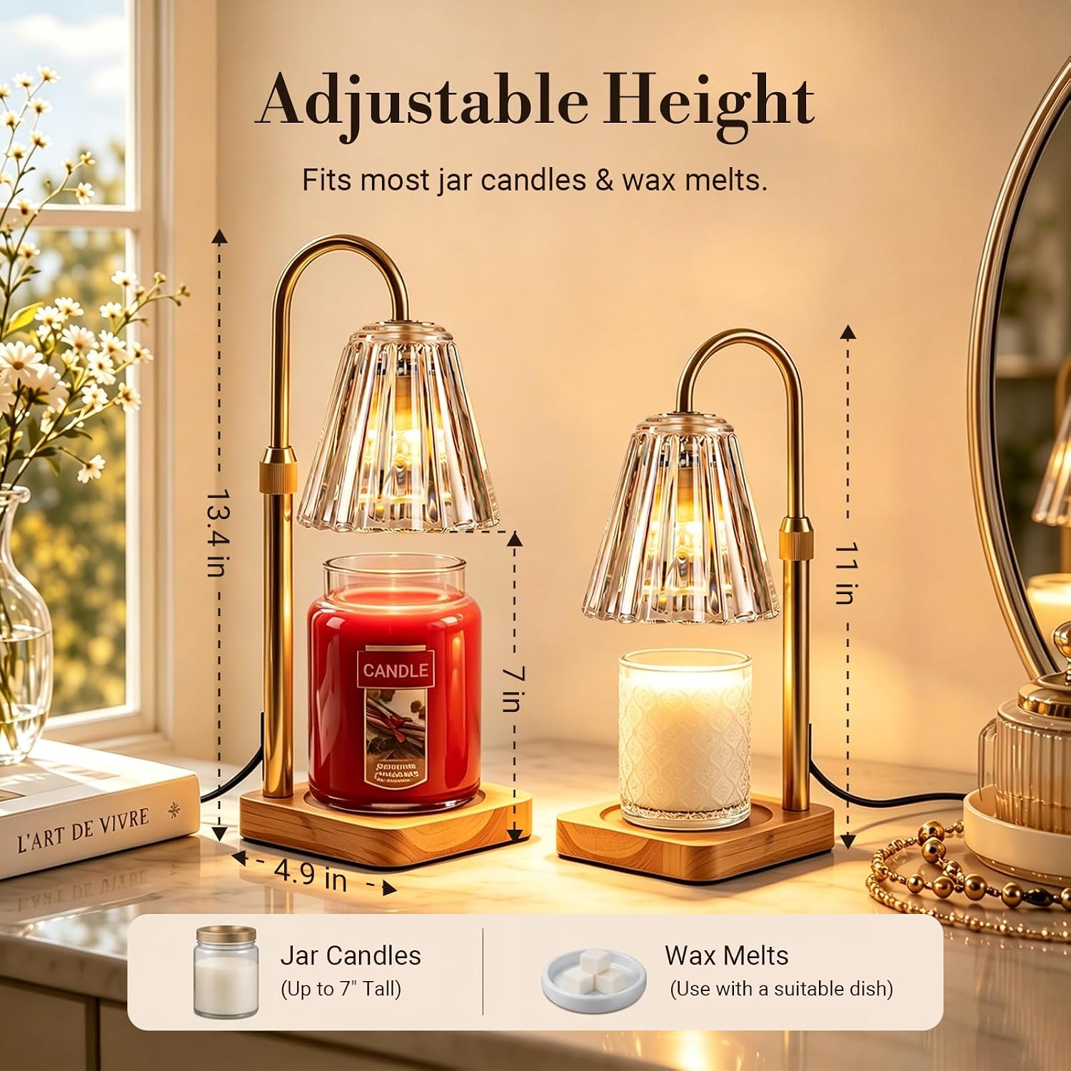 Marycele Candle Warmer Lamp with Timer & Dimmer - Mothers Day Gifts for Women Mom Her, Aesthetic Office Home Decor, Adjustable Height Wax Melter for Candle Jar & 3-Wick Candles (2 Bulbs Included)
