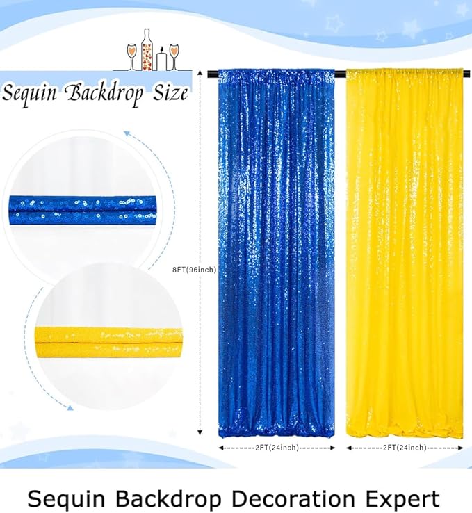 ShinyBeauty Sequin Backdrop Yellow and Royal Blue Backdrop Set of 4, 2FTx8FT Photo Backdrops Shimmer Wall Photograph Backgrounds Glitter Curtains 4 Pieces