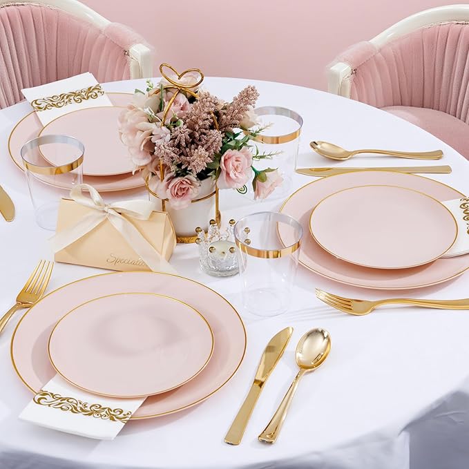 Supernal 350pcs Pink Plastic Plates,Plates Disposable Heavy Duty,Pink Disposable Plastic Dinnerware Set Include 50 Dinner Plate,50 Dessert Plate,50 Gold Cutlery,50 Cups&50 Napkins for Party&Wedding