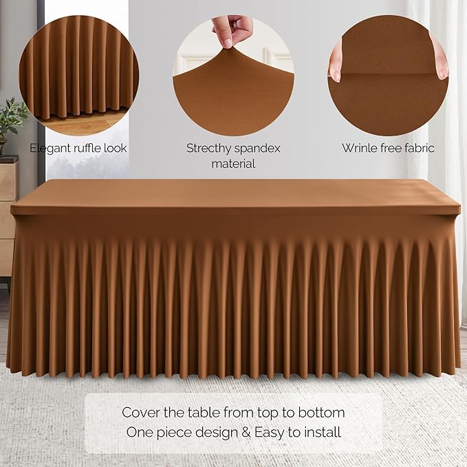 Wish Care 6 Pack Brown Spandex Table Clothes for 8 Foot Rectangle Tables, 8FT Wrinkle Free Fitted Tablecloths Ruffles Design Table Cover for Party, Banquet, Wedding and Events