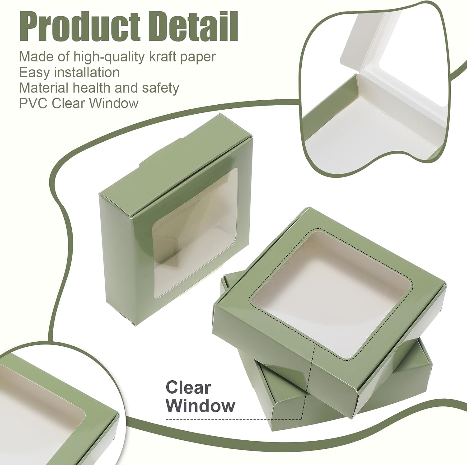 Zonon 30 Pcs Kraft Paper Boxes with Window 4.13 x 4.13 x 1.18 Inch Candy Packaging, Small Gift Boxes, Soap holder, Mini Treat Packaging for Bakery Chocolate Jewelry Display (Sage Green)