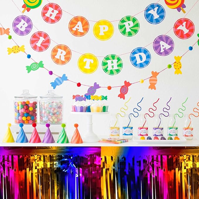 3 Pack 29 x108 Inch Rainbow Foil Fringe Table Skirts Metallic Banner for Tinsel Streamer Garland Backdrop for Parade Floats Mother's Day, Graduate, Birthday, Wedding Party Decoration