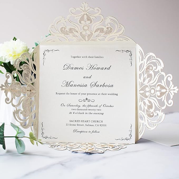 Hosmsua 50PCS Personalized Silver Glitter Laser Cut Wedding Invitation Cards With Envelopes 6.3 x 6.3 Inch Hollow Lace Rose Pocket and for Quinceanera Wedding Invite (Silver Glitter)