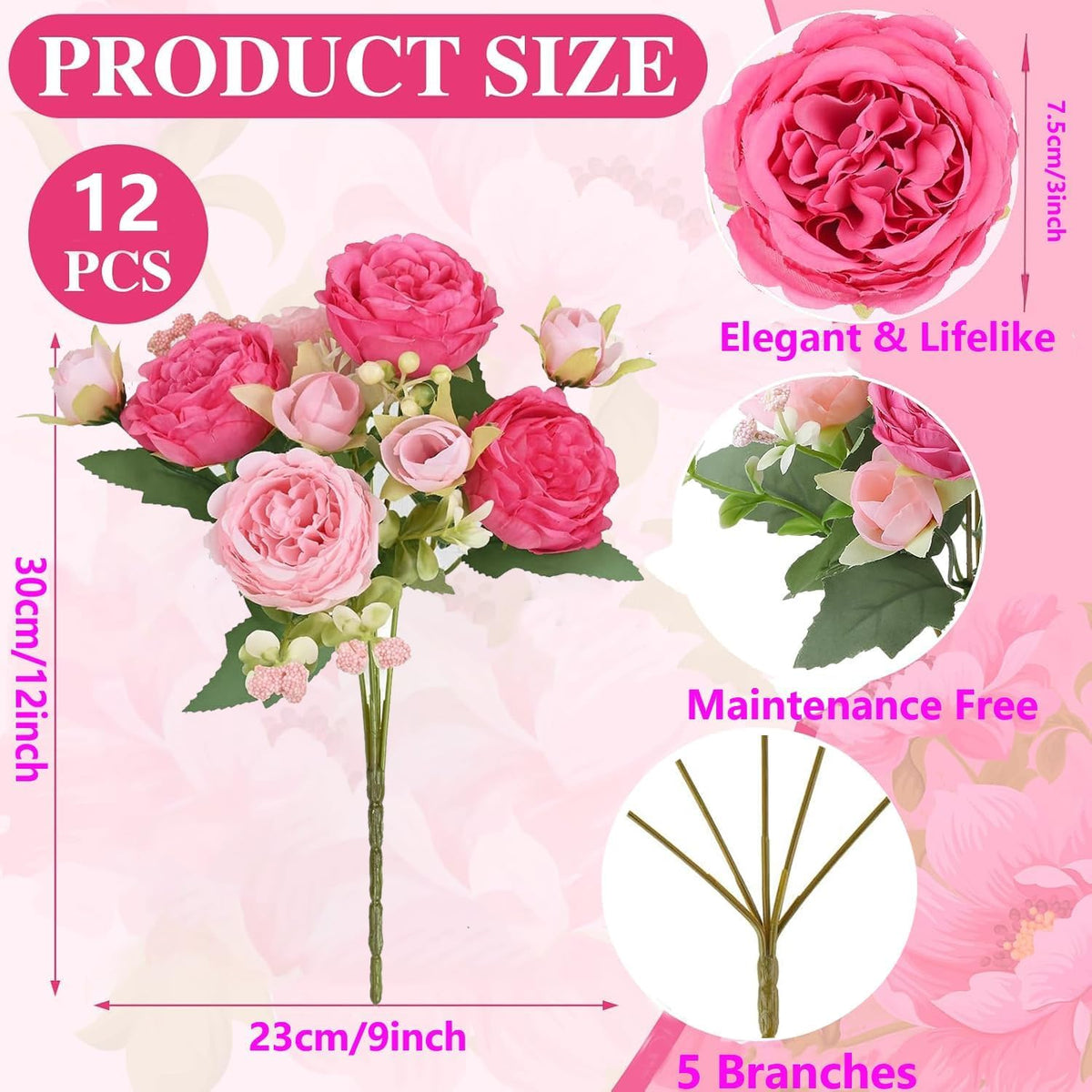 pink peonies artificial flowers 12 bouquets,pink flowers lifelike, close-up detail