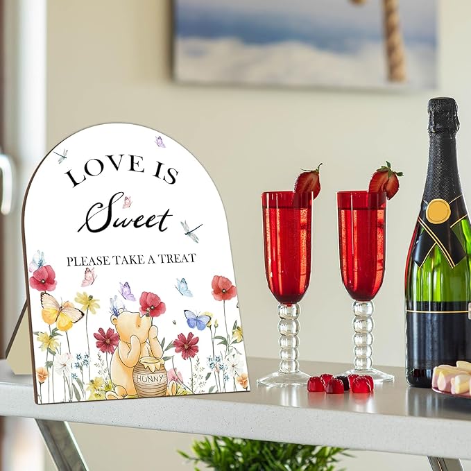 Winnie Decor Love is Sweet Sign, Floral Butterfly Decor Bridal Shower Welcome Sign, Classic Pooh Wedding Sign Bridal Shower Favors for Guests, Love is Sweet Please Take A Treat Sign 9 * 11IN