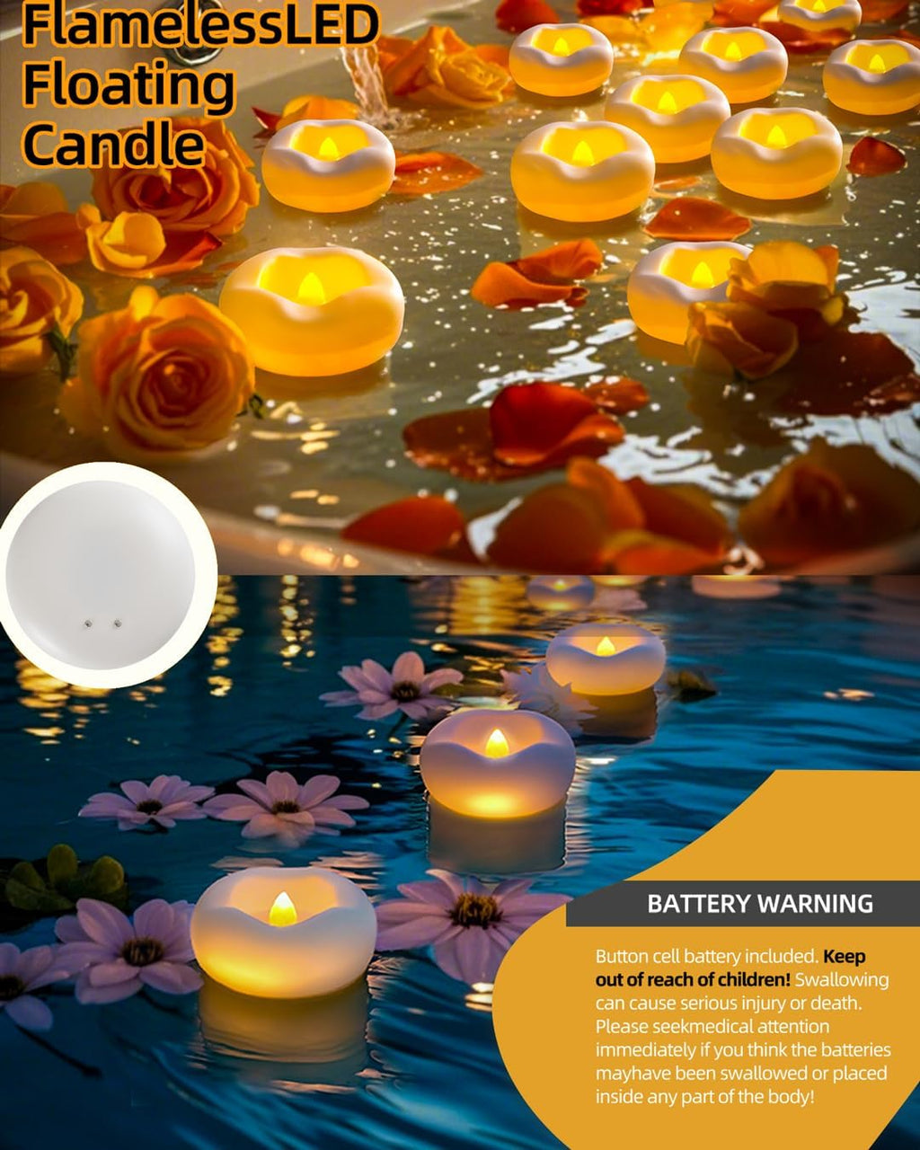 Floating Candles, Water Activated Flameless LED Tea Lights, Waterproof Battery Operated Candles for Wedding Centerpieces, Glass Cylinder Vases, Pool Decoration, Home Decor, 24 Pack, 200 Hours