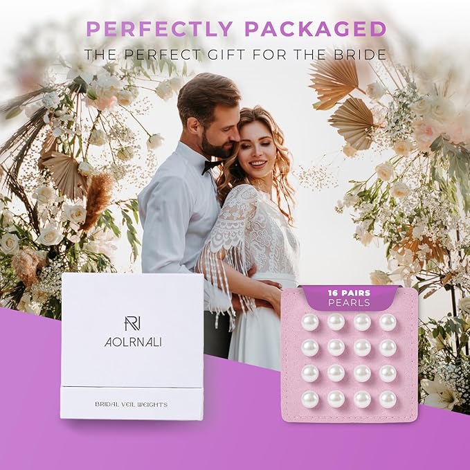 Pearl Veil Weights - 16 Pairs of Magnetic Bridal Veil Weights - Secures Long Veils for Outdoor Weddings - Premium Wedding Accessories for The Bride