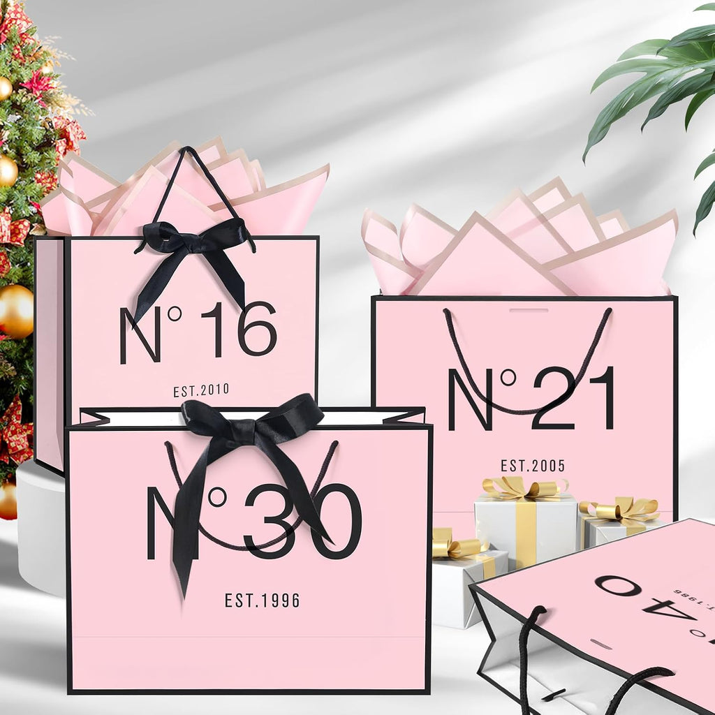 QLSKO 13" Birthday Gift Bag with Card Envelope Sticker Bow Ribbon and Tissue papers for Women Girls Design with Handles,13th-100th (EST.2005 21st, 13" W x 10.5" H x 4.3" D)