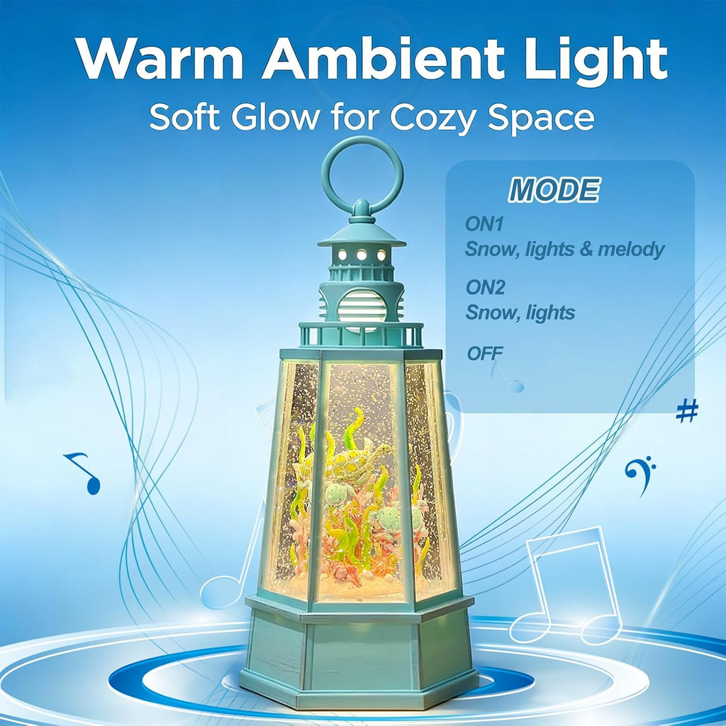 Ocean Themed Snow Globe Lantern with Music - USB or Battery Powered Light Up Water Lantern with Sea Turtle Swirling Glitter Water Globe for Summer Costal Ocean Decor Gift for Ocean Lover (Sea Turtle)